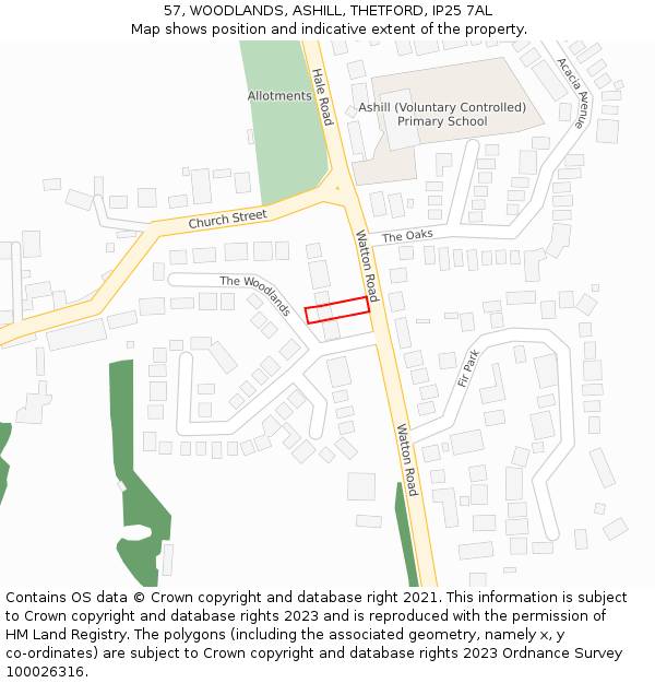 57, WOODLANDS, ASHILL, THETFORD, IP25 7AL: Location map and indicative extent of plot