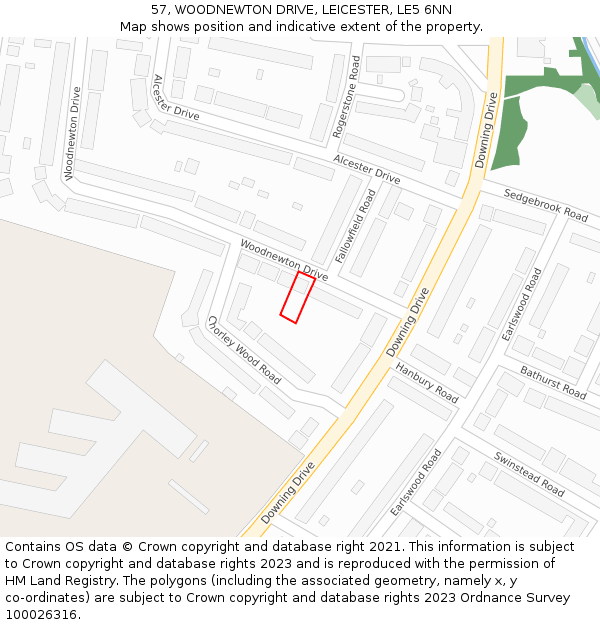 57, WOODNEWTON DRIVE, LEICESTER, LE5 6NN: Location map and indicative extent of plot