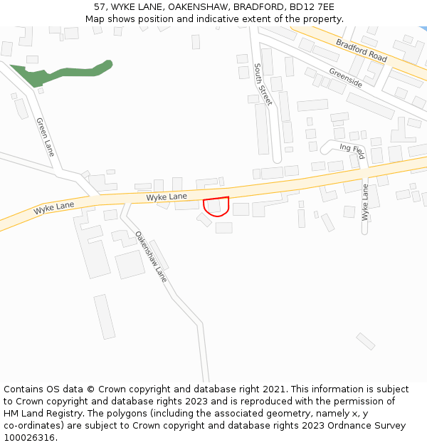 57, WYKE LANE, OAKENSHAW, BRADFORD, BD12 7EE: Location map and indicative extent of plot