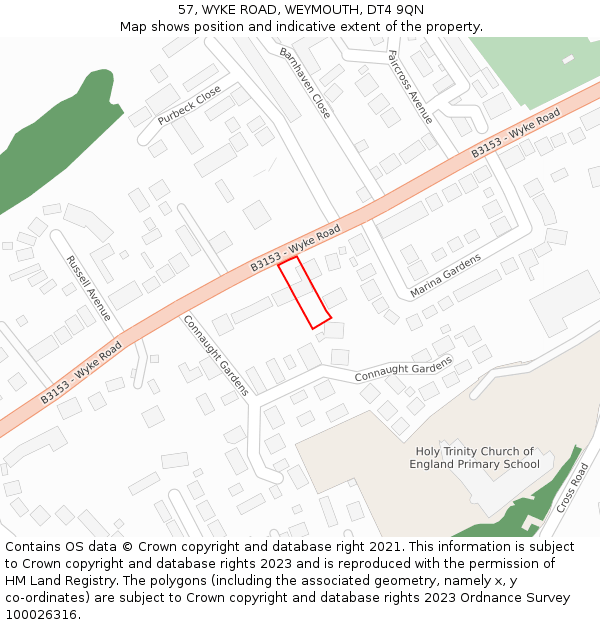 57, WYKE ROAD, WEYMOUTH, DT4 9QN: Location map and indicative extent of plot