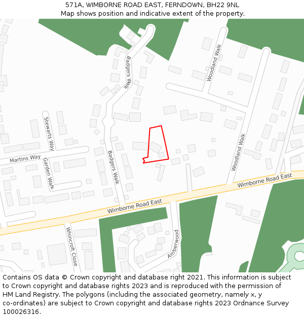 571A, WIMBORNE ROAD EAST, FERNDOWN, BH22 9NL: Location map and indicative extent of plot