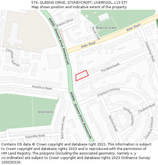 579, QUEENS DRIVE, STONEYCROFT, LIVERPOOL, L13 5TY: Location map and indicative extent of plot