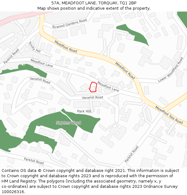 57A, MEADFOOT LANE, TORQUAY, TQ1 2BP: Location map and indicative extent of plot