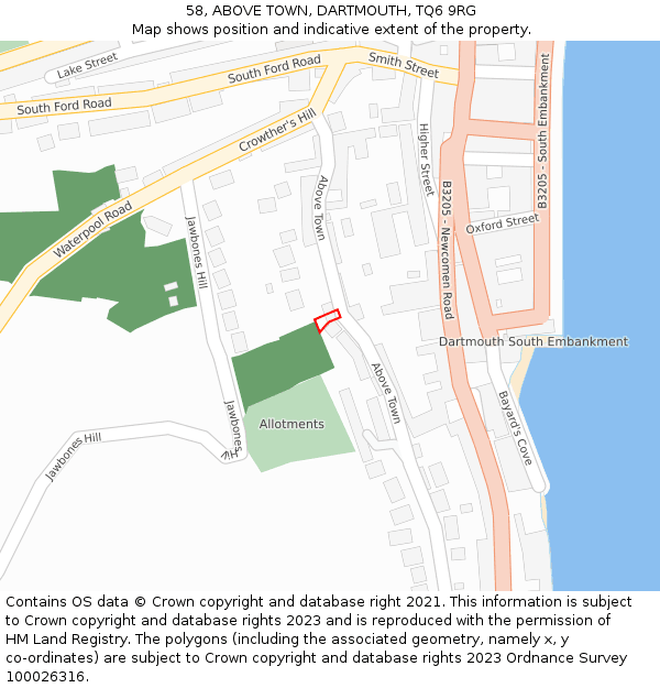 58, ABOVE TOWN, DARTMOUTH, TQ6 9RG: Location map and indicative extent of plot