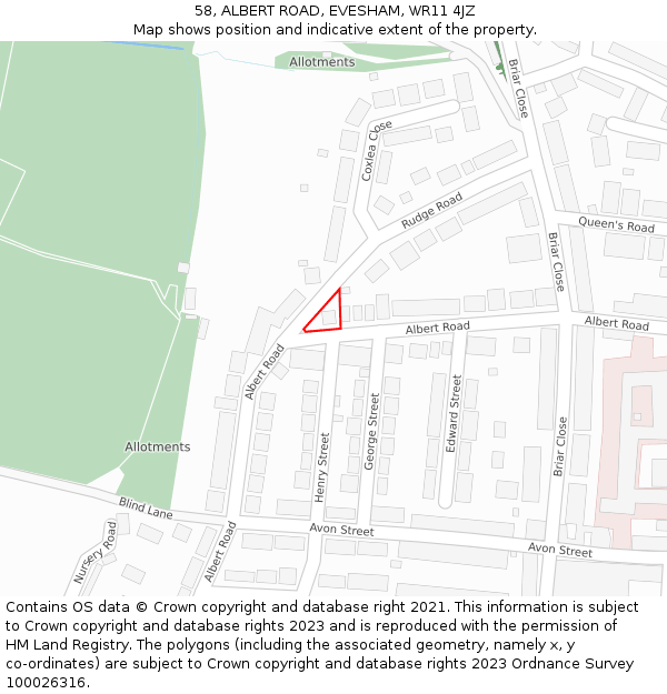 58, ALBERT ROAD, EVESHAM, WR11 4JZ: Location map and indicative extent of plot