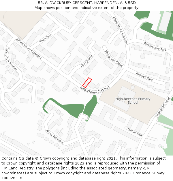 58, ALDWICKBURY CRESCENT, HARPENDEN, AL5 5SD: Location map and indicative extent of plot
