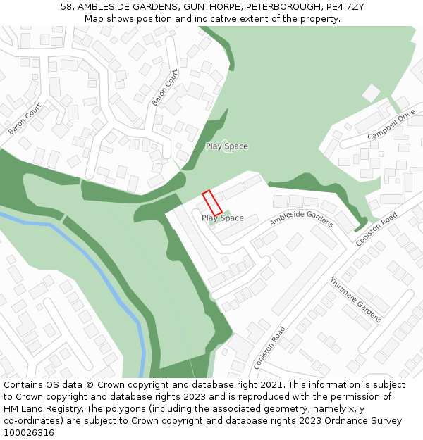 58, AMBLESIDE GARDENS, GUNTHORPE, PETERBOROUGH, PE4 7ZY: Location map and indicative extent of plot