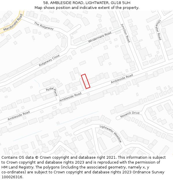 58, AMBLESIDE ROAD, LIGHTWATER, GU18 5UH: Location map and indicative extent of plot