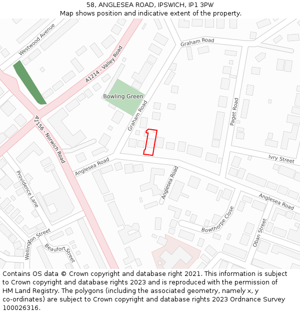 58, ANGLESEA ROAD, IPSWICH, IP1 3PW: Location map and indicative extent of plot