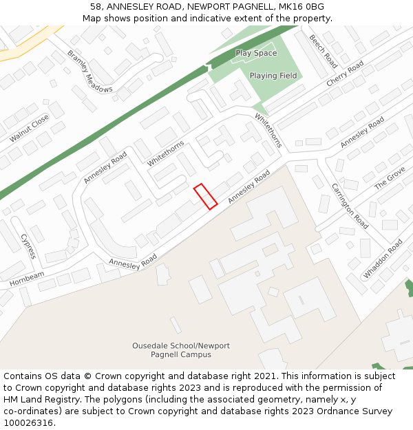 58, ANNESLEY ROAD, NEWPORT PAGNELL, MK16 0BG: Location map and indicative extent of plot