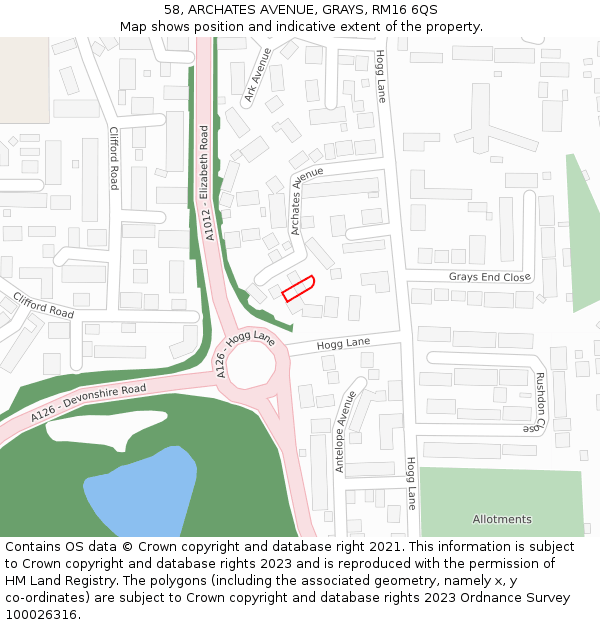 58, ARCHATES AVENUE, GRAYS, RM16 6QS: Location map and indicative extent of plot