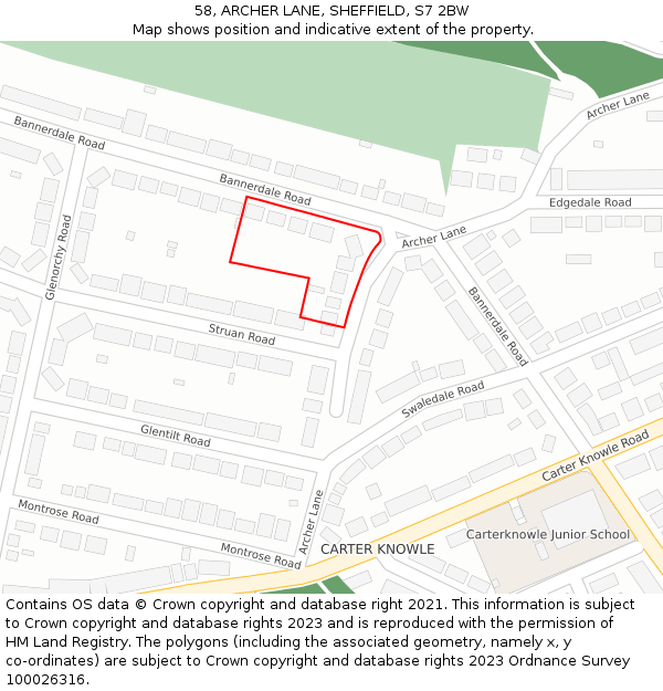 58, ARCHER LANE, SHEFFIELD, S7 2BW: Location map and indicative extent of plot