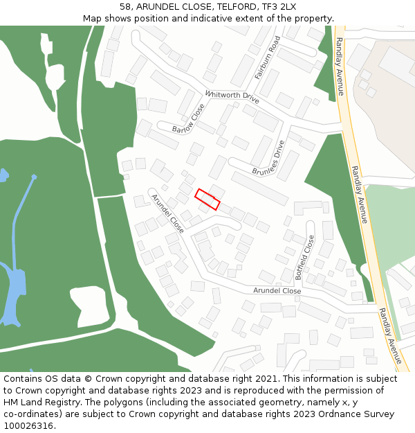 58, ARUNDEL CLOSE, TELFORD, TF3 2LX: Location map and indicative extent of plot