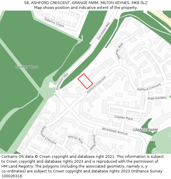 58, ASHFORD CRESCENT, GRANGE FARM, MILTON KEYNES, MK8 0LZ: Location map and indicative extent of plot