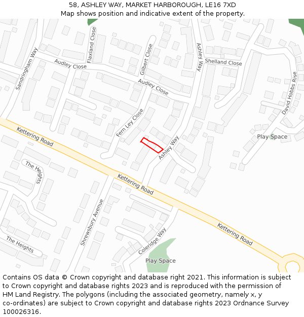 58, ASHLEY WAY, MARKET HARBOROUGH, LE16 7XD: Location map and indicative extent of plot