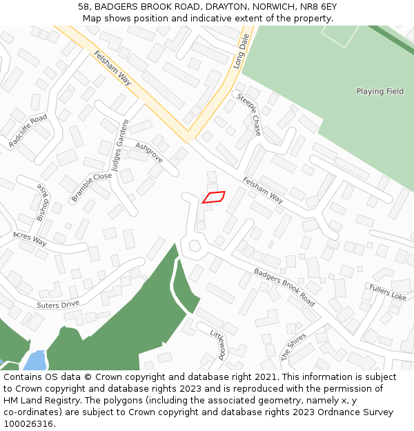 58, BADGERS BROOK ROAD, DRAYTON, NORWICH, NR8 6EY: Location map and indicative extent of plot