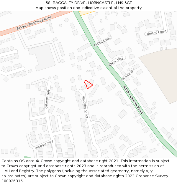 58, BAGGALEY DRIVE, HORNCASTLE, LN9 5GE: Location map and indicative extent of plot