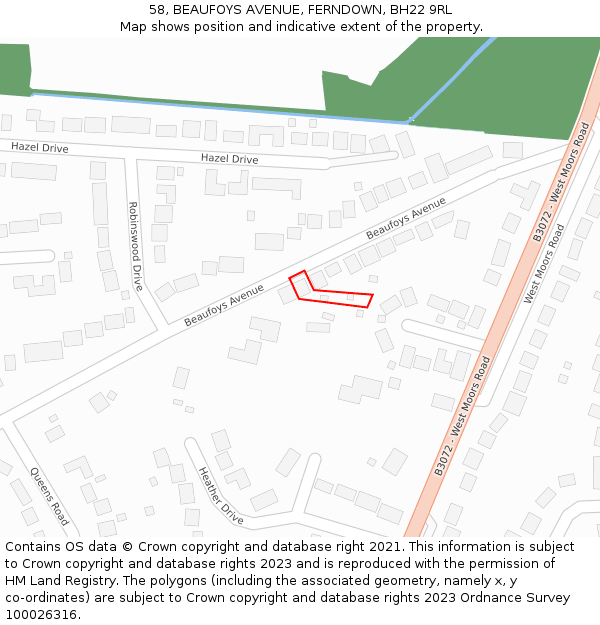 58, BEAUFOYS AVENUE, FERNDOWN, BH22 9RL: Location map and indicative extent of plot