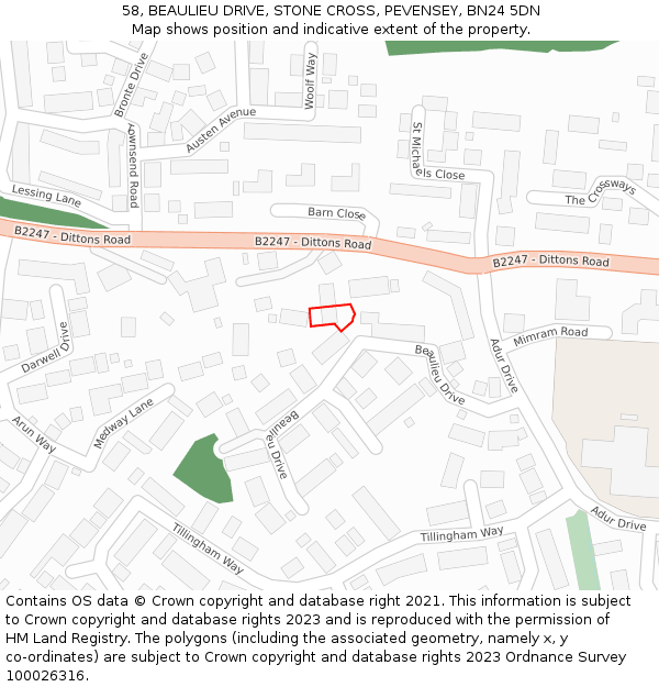 58, BEAULIEU DRIVE, STONE CROSS, PEVENSEY, BN24 5DN: Location map and indicative extent of plot