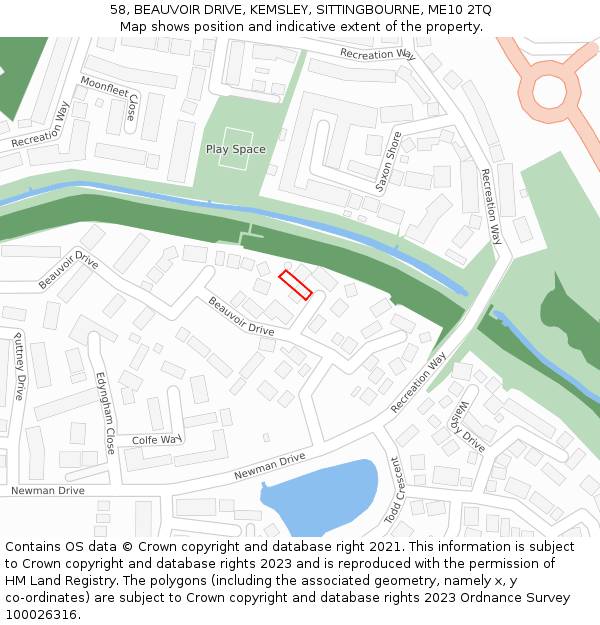 58, BEAUVOIR DRIVE, KEMSLEY, SITTINGBOURNE, ME10 2TQ: Location map and indicative extent of plot