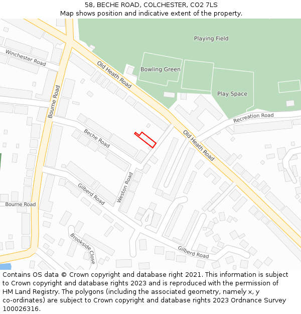 58, BECHE ROAD, COLCHESTER, CO2 7LS: Location map and indicative extent of plot