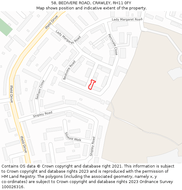 58, BEDIVERE ROAD, CRAWLEY, RH11 0FY: Location map and indicative extent of plot