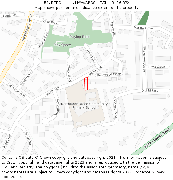 58, BEECH HILL, HAYWARDS HEATH, RH16 3RX: Location map and indicative extent of plot