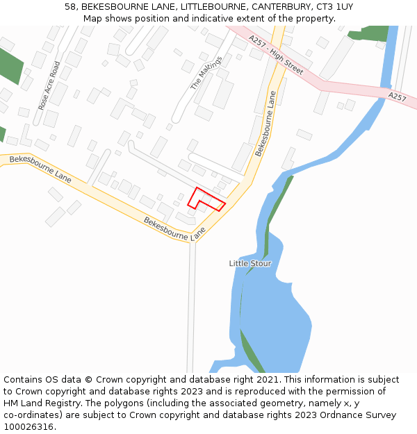 58, BEKESBOURNE LANE, LITTLEBOURNE, CANTERBURY, CT3 1UY: Location map and indicative extent of plot