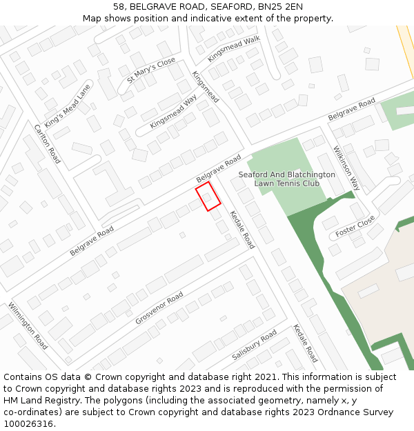 58, BELGRAVE ROAD, SEAFORD, BN25 2EN: Location map and indicative extent of plot