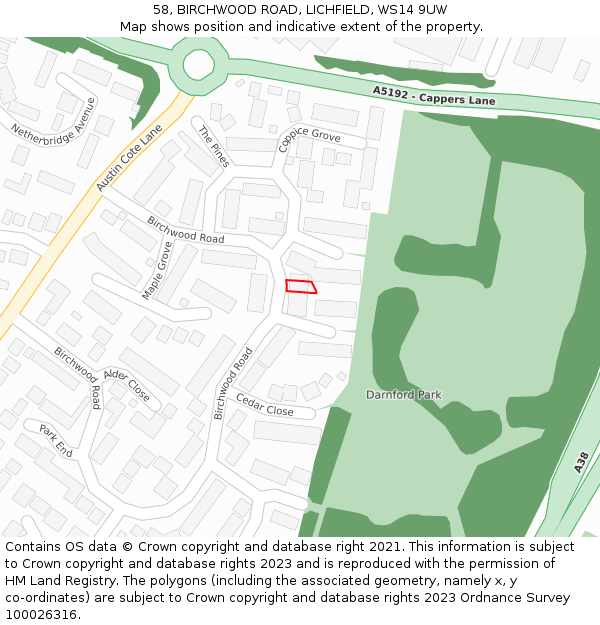 58, BIRCHWOOD ROAD, LICHFIELD, WS14 9UW: Location map and indicative extent of plot