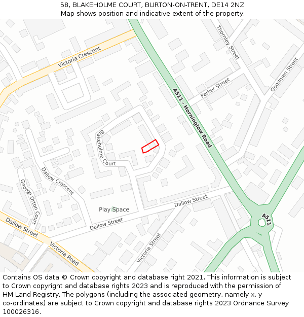 58, BLAKEHOLME COURT, BURTON-ON-TRENT, DE14 2NZ: Location map and indicative extent of plot