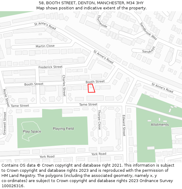 58, BOOTH STREET, DENTON, MANCHESTER, M34 3HY: Location map and indicative extent of plot