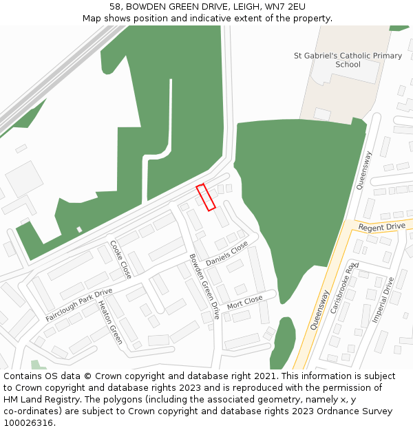 58, BOWDEN GREEN DRIVE, LEIGH, WN7 2EU: Location map and indicative extent of plot