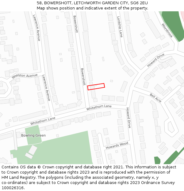 58, BOWERSHOTT, LETCHWORTH GARDEN CITY, SG6 2EU: Location map and indicative extent of plot