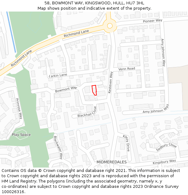 58, BOWMONT WAY, KINGSWOOD, HULL, HU7 3HL: Location map and indicative extent of plot
