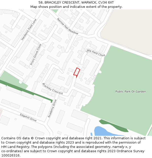 58, BRACKLEY CRESCENT, WARWICK, CV34 6XT: Location map and indicative extent of plot