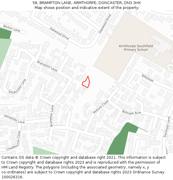 58, BRAMPTON LANE, ARMTHORPE, DONCASTER, DN3 3HX: Location map and indicative extent of plot