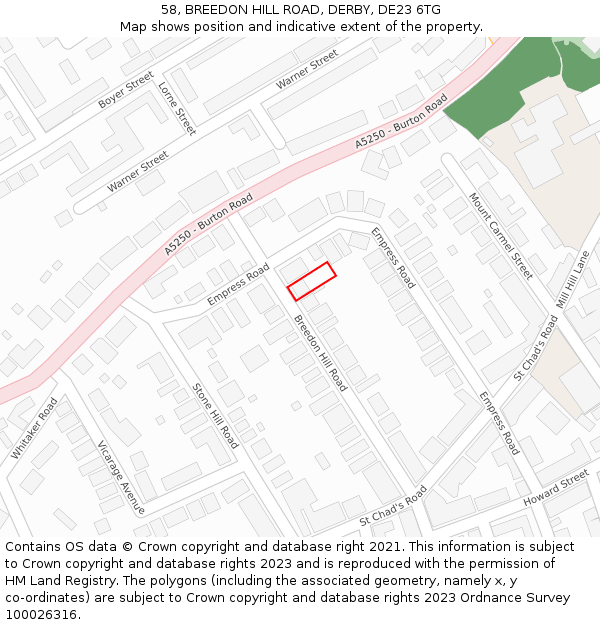 58, BREEDON HILL ROAD, DERBY, DE23 6TG: Location map and indicative extent of plot