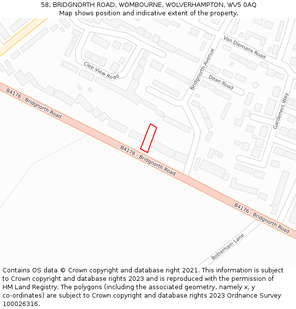 58, BRIDGNORTH ROAD, WOMBOURNE, WOLVERHAMPTON, WV5 0AQ: Location map and indicative extent of plot