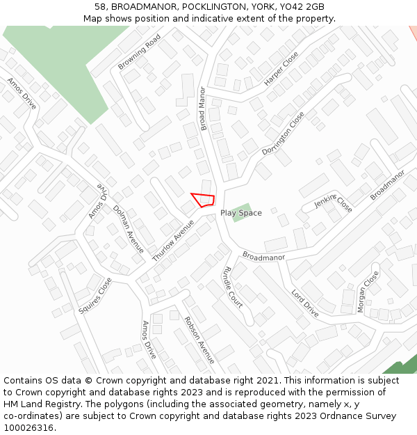 58, BROADMANOR, POCKLINGTON, YORK, YO42 2GB: Location map and indicative extent of plot