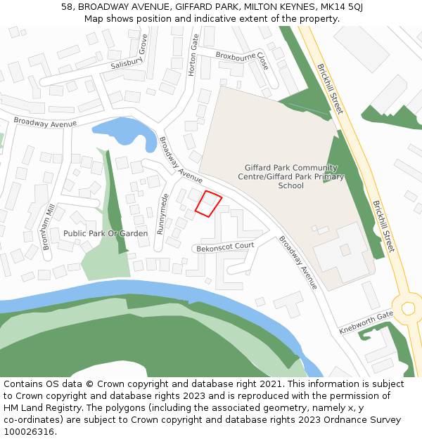 58, BROADWAY AVENUE, GIFFARD PARK, MILTON KEYNES, MK14 5QJ: Location map and indicative extent of plot