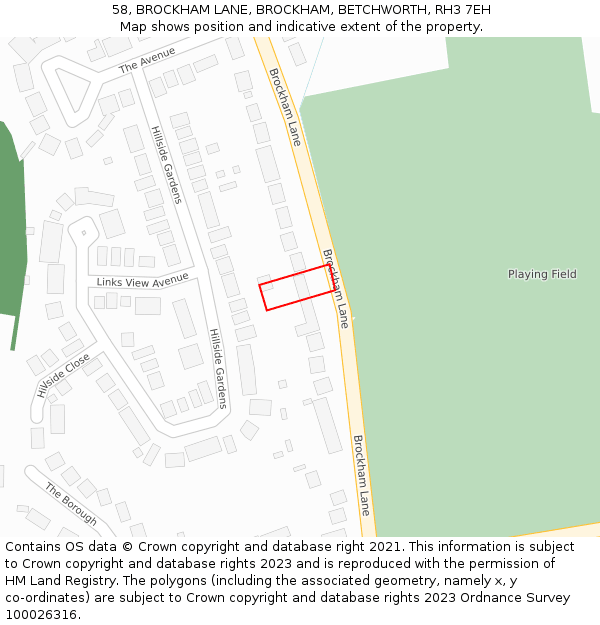 58, BROCKHAM LANE, BROCKHAM, BETCHWORTH, RH3 7EH: Location map and indicative extent of plot