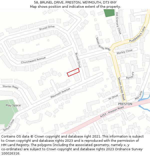 58, BRUNEL DRIVE, PRESTON, WEYMOUTH, DT3 6NY: Location map and indicative extent of plot