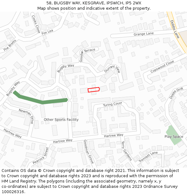 58, BUGSBY WAY, KESGRAVE, IPSWICH, IP5 2WX: Location map and indicative extent of plot