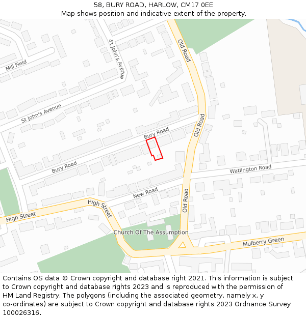 58, BURY ROAD, HARLOW, CM17 0EE: Location map and indicative extent of plot