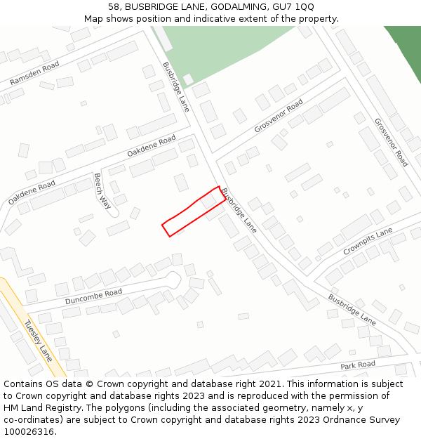 58, BUSBRIDGE LANE, GODALMING, GU7 1QQ: Location map and indicative extent of plot