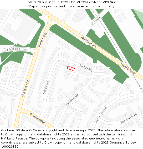 58, BUSHY CLOSE, BLETCHLEY, MILTON KEYNES, MK3 6PX: Location map and indicative extent of plot