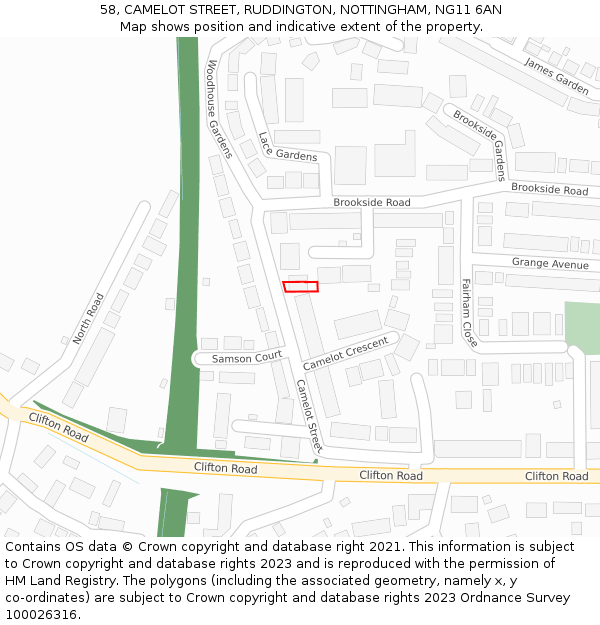 58, CAMELOT STREET, RUDDINGTON, NOTTINGHAM, NG11 6AN: Location map and indicative extent of plot