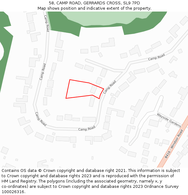 58, CAMP ROAD, GERRARDS CROSS, SL9 7PD: Location map and indicative extent of plot