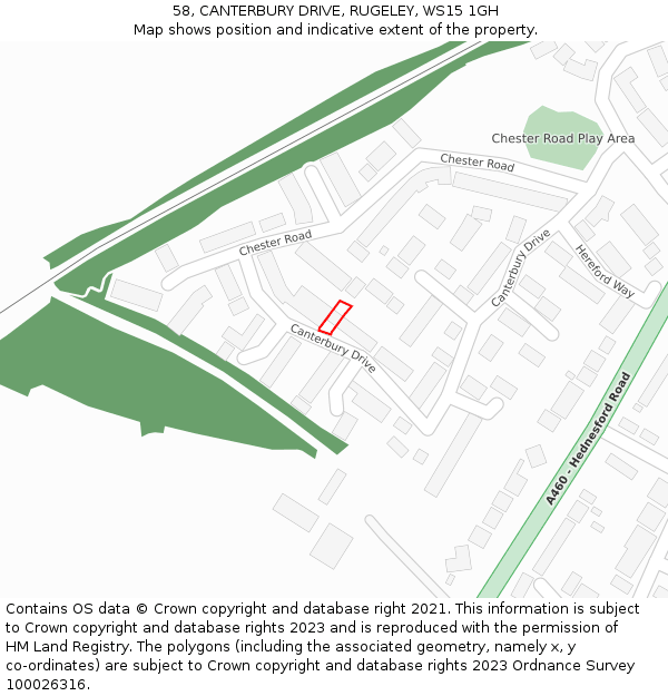 58, CANTERBURY DRIVE, RUGELEY, WS15 1GH: Location map and indicative extent of plot